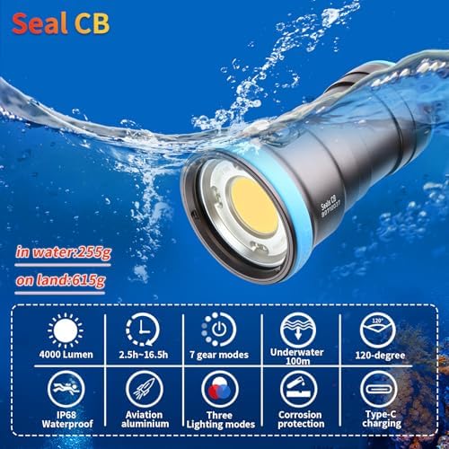 Seal CB 4000 Lumen Dive Light for Underwater Photography, 100m Underwater Video Light 94 CRI with 120 Degree Wide Beam Angle Scuba Flashlight for Professional Dive Photography Fill Light - Image 3