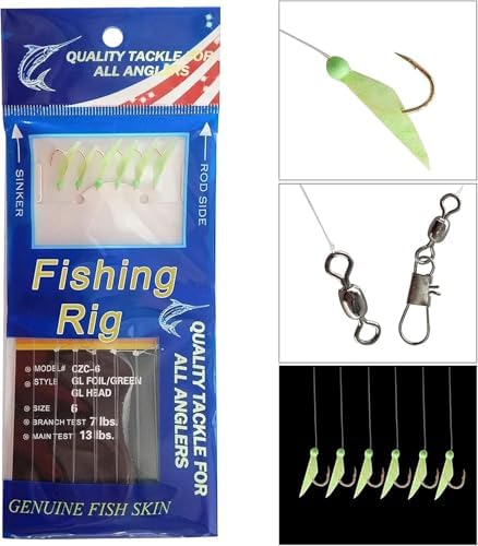 Fishing Bait Rigs Saltwater Surf Fishing Lures Bait Rig with Real Fish Skin Glow Beads Sharp Hooks Swivels Surf Fishing Rigs Sea Bass Cod Herring Hook Rig Size 4 6 8 - Image 5