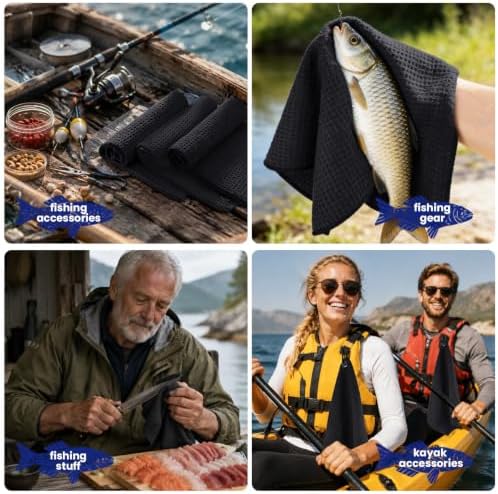 Puomue 3 Pack Microfiber Fishing Towels with Clip, 16" x 16", Waffle Pattern for Effective Cleaning of Fishing Gears or Dirty Hands, Perfect for Camping Towels and Hiking Towles (Black, 16"x16") - Image 4