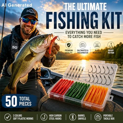 50PCS Fishing Worm Lure Kit with Hooks & Swivels – Soft Plastic Bass Fishing Lures in Red, Green & Orange, Ready-to-Fish Worm Baits for Bass, Trout, Crappie, Freshwater & Saltwater - Image 6