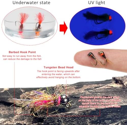 30Pcs Fishing Flies Kit, Tungsten Bead Head Wet Nyphms with Luminous Effect Midge Scuds Streamers Fishing Fly Lures with Box #10#12#14#16 - Image 4