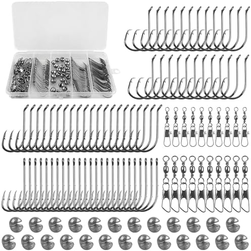 Fishing Hooks Swivel Sinker Set, 120Pcs Fishing Terminal Tackle Assortment Baitholder Octopus Circle Hooks Barrel Swivels Slipt Shot Sinker Weight Beads with Tackle Box by AGOOL