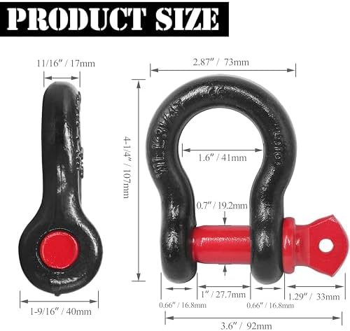5/8" D Ring Shackle with 3/4" Screw Pin, 3.25T Working Load Limit (WLL) / 19.5T (42,990 lb) Minimum Breaking Strength (MBS) for Tow Strap Winch, Off-Road Vehicle Recovery (Black/Red, 4 Pack) - Image 4