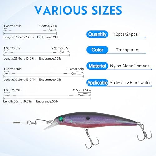 Nylon Fishing Leaders,12/24pcs Nylon Mono Wire Leader Line with Swivel Snaps Lures Rig or Hooks Connect Tackle High Strength Fishing Leader Line for Saltwater Freshwater 20lb/30lb/40lb/50lb - Image 3