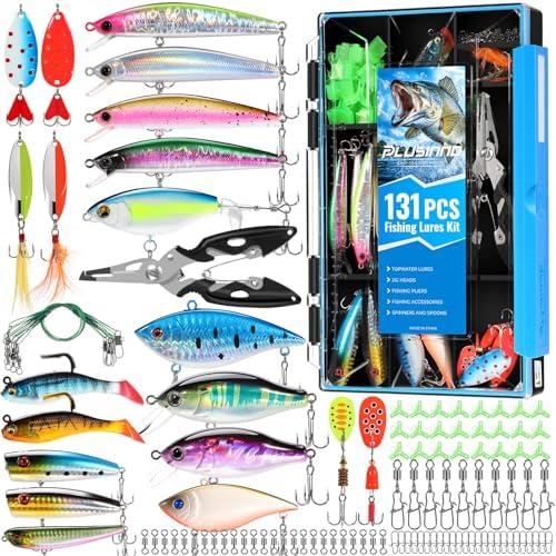 PLUSINNO Fishing Lures Fishing Tackle Box Fishing Gifts for Men, Bass, Trout Fishing Accessories Kit for Saltwater & Freshwater Fishing Gear Including Topwater Lures, Hooks, Spinnerbaits by PLUSINNO