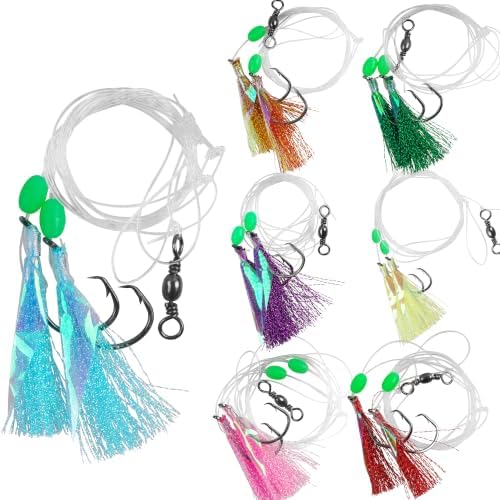 Fishing Bait Rigs Saltwater Set, Flounder Fluke Hi-Lo Rig with Flash Teaser 2 Hook Bottom Fishing Rigs Mackerel Rigs for Halibut Sea Bass Cod Rockfish Surf Pier Ocean Fishing by SILANON