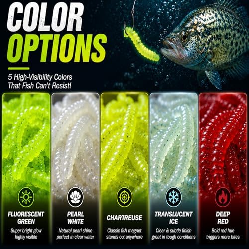 160PCS Ice Fishing Soft Plastic Worm Baits Kit, 5 Bright Colors Mini Soft Fishing Lures with 10 Hooks for Crappie, Trout, Bluegill, Perch & Panfish, Ice Fishing Jig Bait Set for Winter Fishing - Image 4
