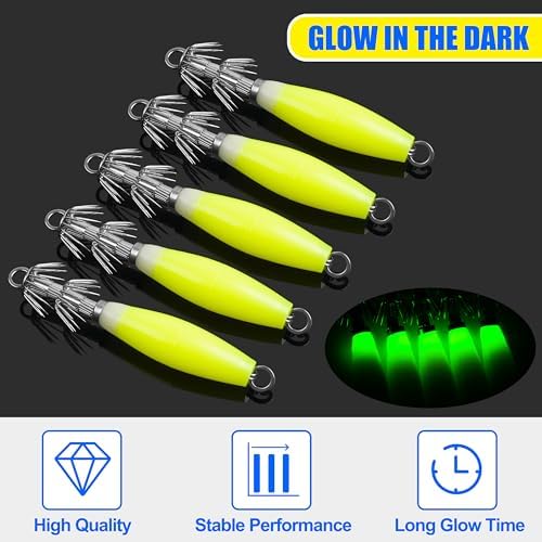 OROOTL Squid Jigs Saltwater Fishing Lures, 5/10pcs Glow Squid Jig Hooks Luminous Cuttlefish Sleeve Octopus Jig Baits Night Fishing Octopus Lures Set with Tackle Box - Image 6