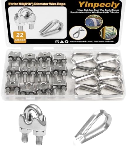 12Pcs 3/16'' M5 Wire Rope Clamps 10Pcs M5 Wire Rope Thimble by Yinpecly