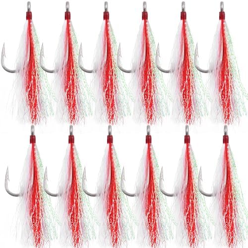 Bucktail Teasers Fishing Hooks Saltwater Flounder Rig Bucktail Mylar Teasers Inserted Stainless Steel Fishing Teaser Hooks for Striped Bass Trout Catfish Cod Flounder Hi/Lo Rig Jigs Spoons Lures by AGOOL