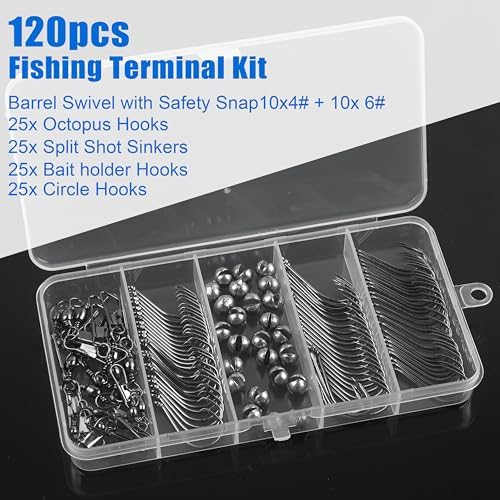 Fishing Hooks Swivel Sinker Set, 120Pcs Fishing Terminal Tackle Assortment Baitholder Octopus Circle Hooks Barrel Swivels Slipt Shot Sinker Weight Beads with Tackle Box - Image 7