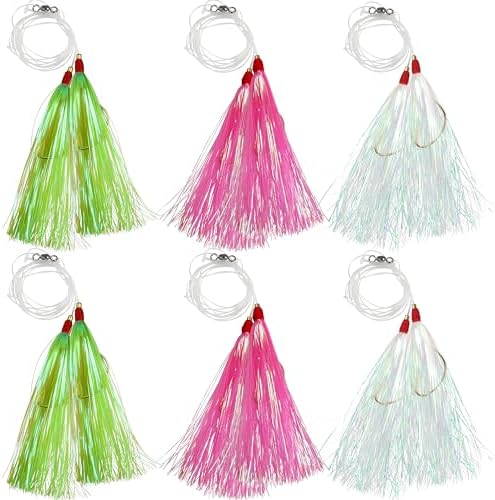 Fishing Teaser Rigs Saltwater, 3/6 Pack Flounder Rigs Hand Tied Sea Bass Hi Lo Rig Fishing Bait Rigs Multicolor Mylar Bucktail Teasers Rig for Flounder Fluke Halibut Sea Bass by SILANON