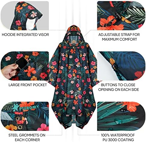 PTEROMY Hooded Rain Poncho for Adults, Reusable Waterproof Raincoat - Image 2