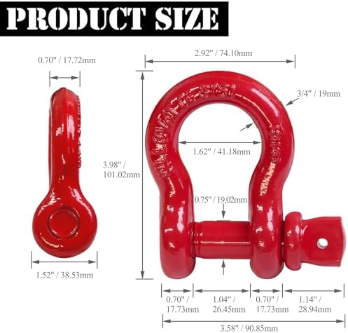 5/8" D Ring Shackle with 3/4" Screw Pin, 3.25T Working Load Limit (WLL) / 19.5T (42,990 lb) Minimum Breaking Strength (MBS) for Tow Strap Winch, Off-Road Vehicle Recovery (Red, 4 Pack) - Image 4