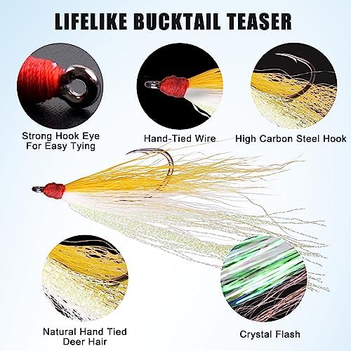 Fishing Bucktail Teaser Hooks,5pcs Saltwater Fishing Jig Teaser Lures with Carbon Steel Hooks Crystal Flash Flounder Rigs for Salmon Trout Sea Bass Steelhead - Image 2