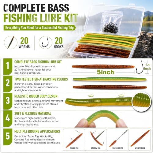 Soft Plastic Worm Fishing Kit, 5 Inch 0.25oz Stick Baits, 20pcs Double Color Segmented Worms (10 Each) with 20 Fishing Hooks, Scented Bionic Bass Fishing Lure Set - Image 2