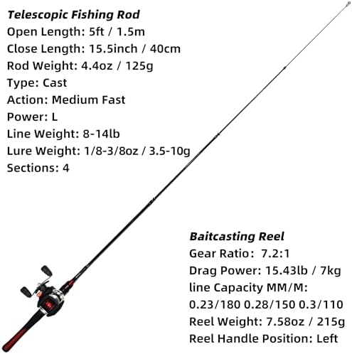 Kilitn Fishing Rod and Reel Combo, Baitcasting Combo Baitcast Reel 5 Foot Durable Fiberglass Telescopic Rod with Fishing Line Full Kits Comfortable Handle - Image 3