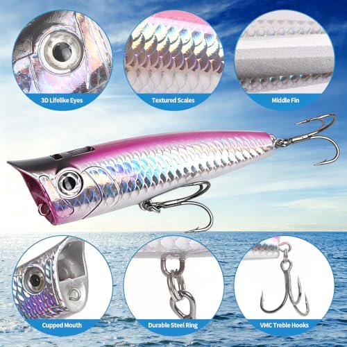 Large Top Water Popper Lure: 2pcs 3D Eyes Tuna Popper Saltwater Fishing Lures for Surf Fishing Gt Tuna Kingfish Large Predator Fish - Image 3