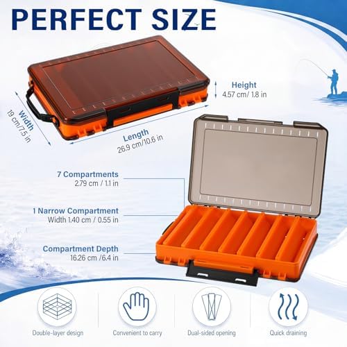 2 Pack Double Sided Fishing Lure Boxes 14 Compartments Waterproof Fishing Tackle Box Organizer with Handle, Portable Clear Hard Bait Storage Case for Jerkbait, Minnows & Hooks(Orange, Gray) - Image 2