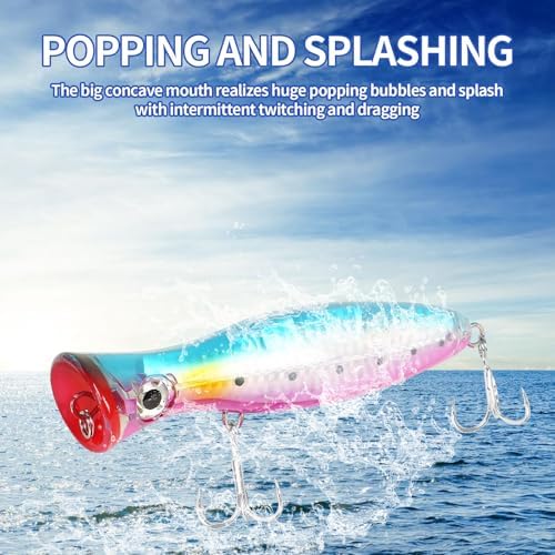 Large Top Water Popper Lure: 2pcs 3D Eyes Tuna Popper Saltwater Fishing Lures for Surf Fishing Gt Tuna Kingfish Large Predator Fish - Image 5