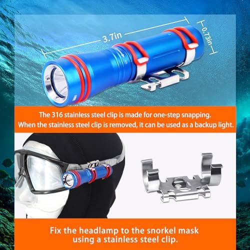 ARCHON D2A Small Diving Flashlight, Dive Headlamp Waterproof Flashlight Blue Backup Light with Stainless Steel 316 Face Mask Clip for Underwater Lighting - Image 3