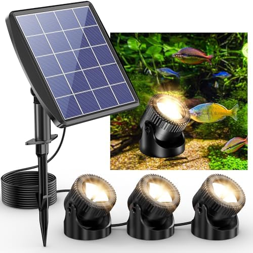 POPOSOAP Solar Pond Lights, 3-in-1 Warm White Underwater Pond Lights, IP68 Waterproof LED Landscape Spotlights for for Pond, Garden, Patio, Fountain, Pool, Waterfall Decoration(3 Head Lamp)-P63H by POPOSOAP