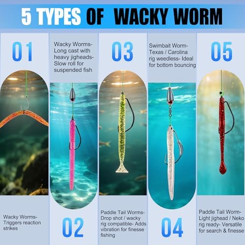 PLUSINNO Wacky Worm Fishing Lure Kit, Soft Plastic Fishing Lures, Grub Baits Hook Wacky Rig Bass Trout Fishing Worms Lures w/Tackle Box - Image 5