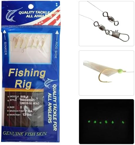 Fishing Bait Rigs Saltwater Surf Fishing Lures Bait Rig with Real Fish Skin Glow Beads Sharp Hooks Swivels Surf Fishing Rigs Sea Bass Cod Herring Hook Rig Size 4 6 8 - Image 3
