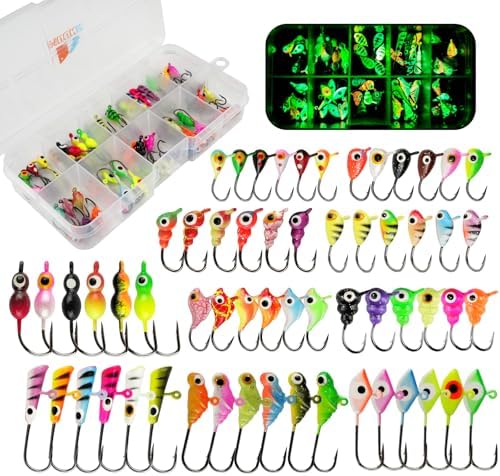 Ice Fishing Jigs Kit, 36/60/100pcs Micro Jig Heads Lures Hook Set for Winter Ice Jigging, Panfish, Perch, Trout, Bluegill, Walleye, Crappie Ice Fishing Lures Hooks Set with Storage Box by MUUNN