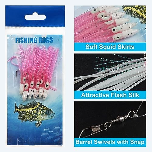 Fishing Bait Rigs Saltwater Set, 6 Packs Squid Bait Lure Rigs Surf Fishing Rigs with Glow Soft Squid Skirt Hook Swivel Snap for Freshwater Saltwater - Image 4