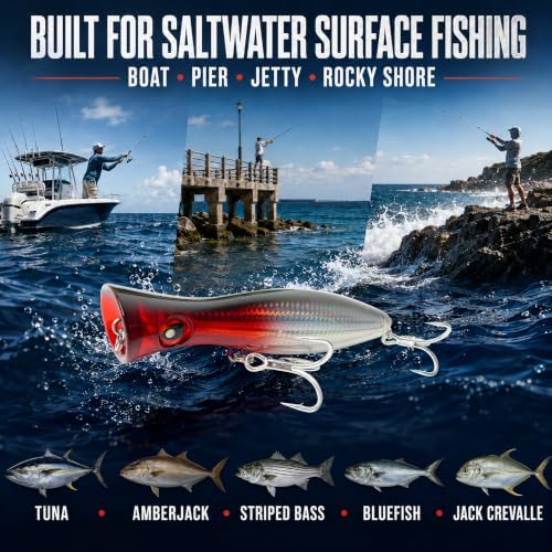 6.2 Inch 2.73 oz Saltwater Topwater Popper Fishing Lures with 3/0 4X Strengthened BKK Treble Hooks, Through-Wire for Strength & Durability, Target GT, Tuna, Sea Bass, Marlin - Image 6