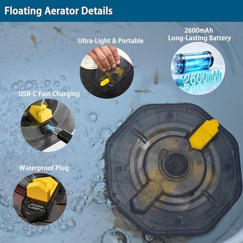 Rechargeable Floating Aerator Pump - IPX7 Waterproof Portable Bait Bucket Aerator, Live Bait Aerator for Fishing, 40H+ Battery for Power Outage, Fish Tank Bubbler for Live Minnows - Image 5