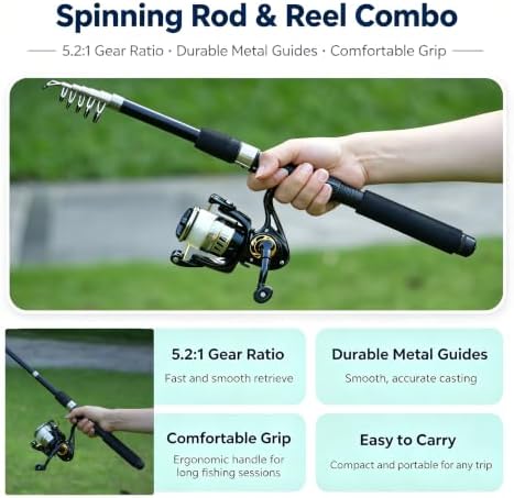 Fishing Pole Combo Set,2.1m/6.89ft 2PCS Collapsible Rods 2PCS Spinning Reels Lures Set Carrier Bag Carbon Fiber Telescopic Fishing Rods Sea Saltwater Freshwater Kit Fishing Rod Reel Combos - Image 4