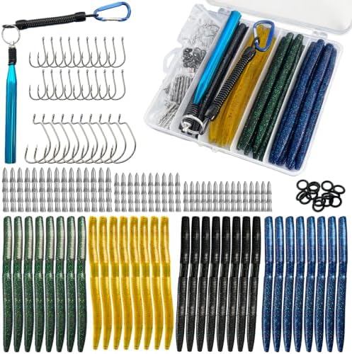 133Pcs Wacky Worm Bass Fishing Lures Kit with Soft Plastic Baits, Weedless & Offset Worm Hooks, Wacky Rig Tool, O-Rings, Sinkers by Unknown