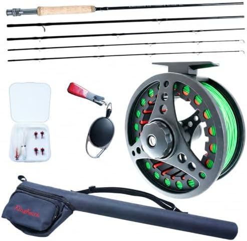 Fly Fishing Rod Combo, 4 Piece Portable 5/6WT Fly Rod with Extra Spare Tip, Pre-Loaded Fly Reel and Fly Line with Flies, Complete Starter Kit for Trout, Bass and Freshwater Fishing by KingKatch