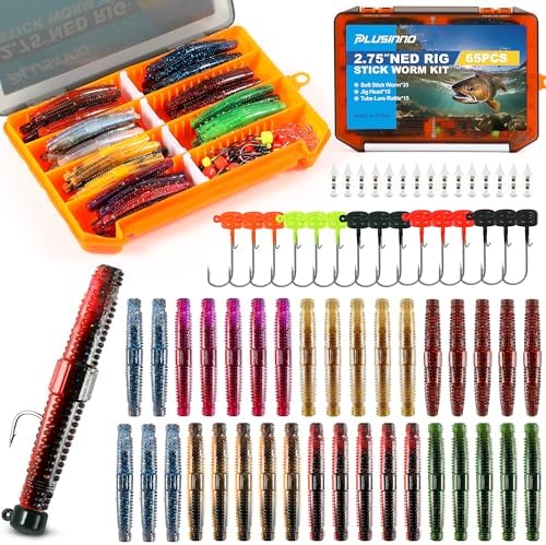 PLUSINNO Wacky Worm Fishing Lure Kit, Soft Plastic Fishing Lures, Grub Baits Hook Wacky Rig Bass Trout Fishing Worms Lures w/Tackle Box by PLUSINNO
