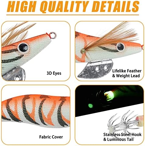 5pcs/10pcs Luminous Squid Jig Hooks Bionic Shrimps Lures Prawn Saltwater Hard Bait 3D Eyes for Octopus Jig Cuttlefish Artificial Baits Fish Tackle 3.94inch - Image 3