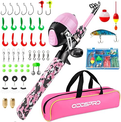 ODDSPRO Kids Fishing Pole Pink, Portable Telescopic Fishing Rod and Reel Combo Kit - with Spincast Fishing Reel Tackle Box for Girls, Youth by ODDSPRO