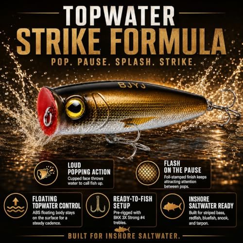 Topwater Popper Fishing Lure, 4in 0.81oz ABS Floating Saltwater Bait with BKK 3X #4 Treble Hooks, Foil-Stamped Finish for Inshore Striped Bass Redfish Snook Tarpon - Image 7