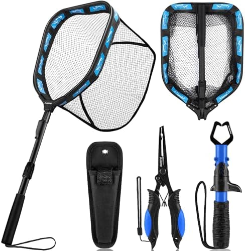 PLUSINNO Floating Fishing Net for Steelhead, Salmon, Fly, Kayak, Catfish, Bass, Trout Fishing, Rubber Coated Foldable Landing Net with Fixed or Telescoping Pole Handle, Fishing Gear and Gifts for Men by PLUSINNO