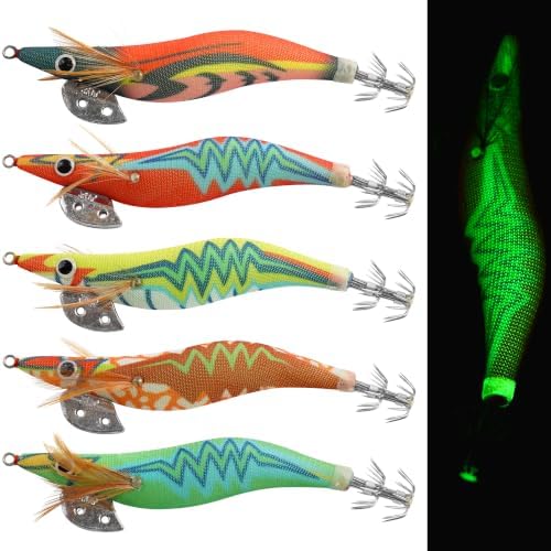 Squid Jig Saltwater Glow Squid Lures, 5/10pcs Luminous Shrimp Prawn Lures Atrificial 3D Fluorescent Squid Jigs Cuttlefish Sleeve Octopus Jig Tackle Size 2.5 3 by AGOOL