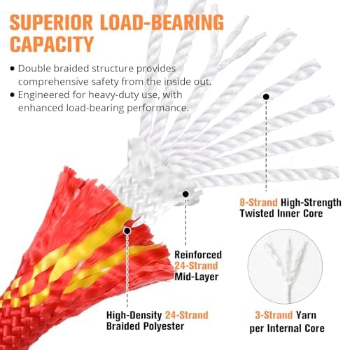 Double Braided Arborist Rigging Rope - 1/2 in X 150 ft 48 Strands Rappelling Outdoor Pulling Heavy Duty Polyester Bull Rope for Swing Tree Work Camping Rescue Hiking - Red - Image 3