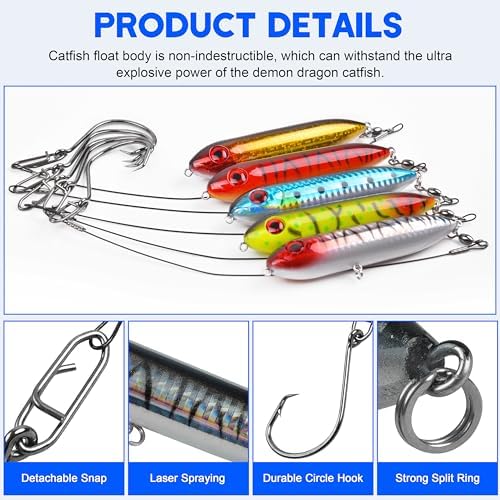Catfish Rigs Demon Dragon Catfish Float Rigs Catfishing Rattling Line Float Lure Blank Spook Rattle Float with Circle Hooks 8/0 for Santee Cooper Rig Catfishing Tackle - Image 2