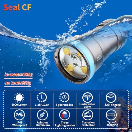 Seal CF 6000 Lumen Dive Light for Underwater Photography, 100m Underwater Video Light 96 CRI with 120 Degree Wide Beam Angle Scuba Flashlight for Professional Dive Photography Fill Light - Image 3