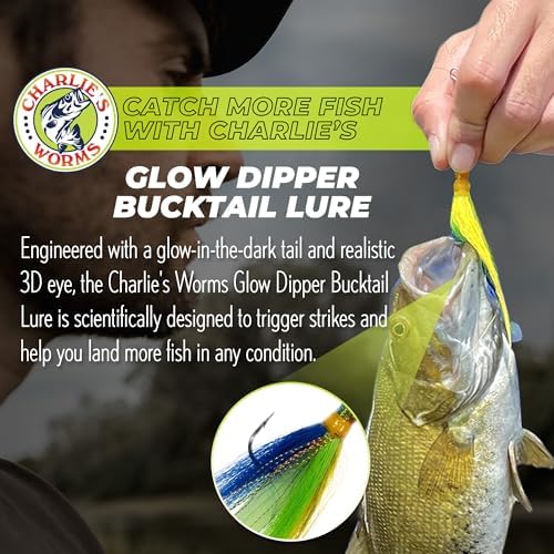 Charlie's Worms Dipper Holographic Bucktail Fishing Lure – Premium Hair Jig for Saltwater & Freshwater Fishing – 3D Holographic Eye, Glow in the Dark Paddle Tail, Hand Tied with Tinsel (3/8 oz - 8oz) - Image 3