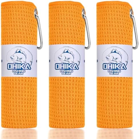 Microfiber Fishing Towels with Clip, Waffle Pattern for Effective Cleaning of Fishing Gears or Dirty Hands, 16” x 16”, Camping Towels, Hiking Towels, Pack of 3 (Orange) by OHIKA