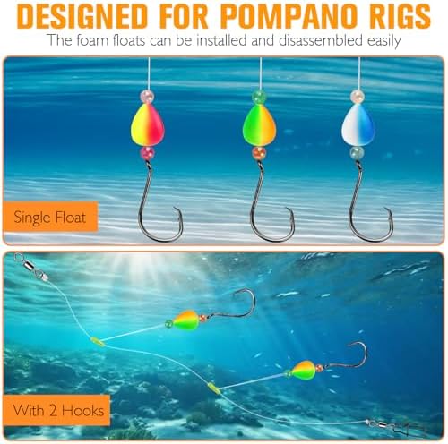 Dovesun 220/104/80/60/54/52/42pcs Pompano Rig Floats for Surf Fishing Foam Bobbers for Fishing Fly Fishing Bobbers Floats Bright Color Kit/Round/Cylindrical/Heart/Bullet/Pill/Spin Shape - Image 5