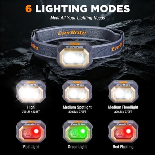 EverBrite Rechargeable Headlamp, 700 Lumens Head lamp for Adults, 6 Modes with White/Red/Green Light, 60° Adjustable LED Headlight for Hunting, Running, and Hiking (Pack of 2) - Image 3
