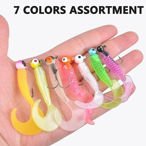 Soft Fishing Lures Jig Head Hooks Kit, Crappie Jigs Lures Kit Mixed Curly Grub Lures Tube Baits Soft Plastic Swimbaits for Bass Trout Panfish Saltwater Freshwater Fishing - Image 5