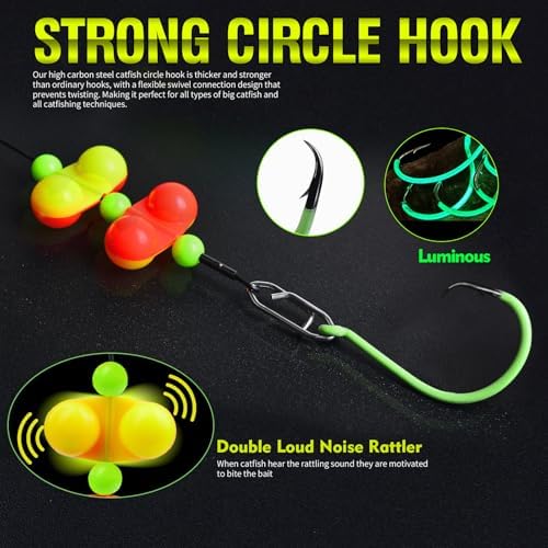 PROBEROS Catfish Fishing Rigs - Bank Fishing Set with 5pcs/Set, 6/0, 8/0, 10/0 Circle Hooks Circle Hooks, High Visibility, Ready to Use Catfish Rigs - Image 4